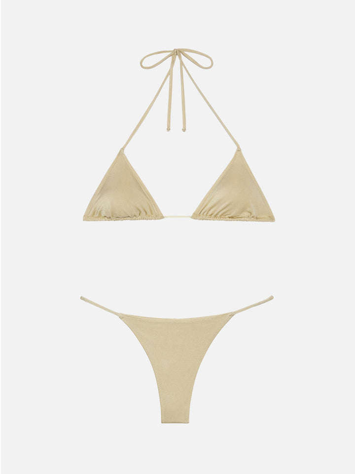 Jodene – Schimmernde, goldene, freche Badehose – Leah – Schimmernder, goldener Badeanzug mit Triangel-Oberteil