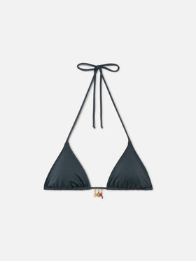 Leah triangle bikini top in grey glossy finish fabric with charms