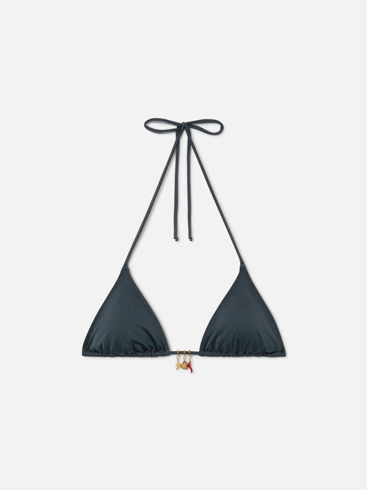 Haut de bikini triangle Leah en tissu gris à finition brillante avec charms 