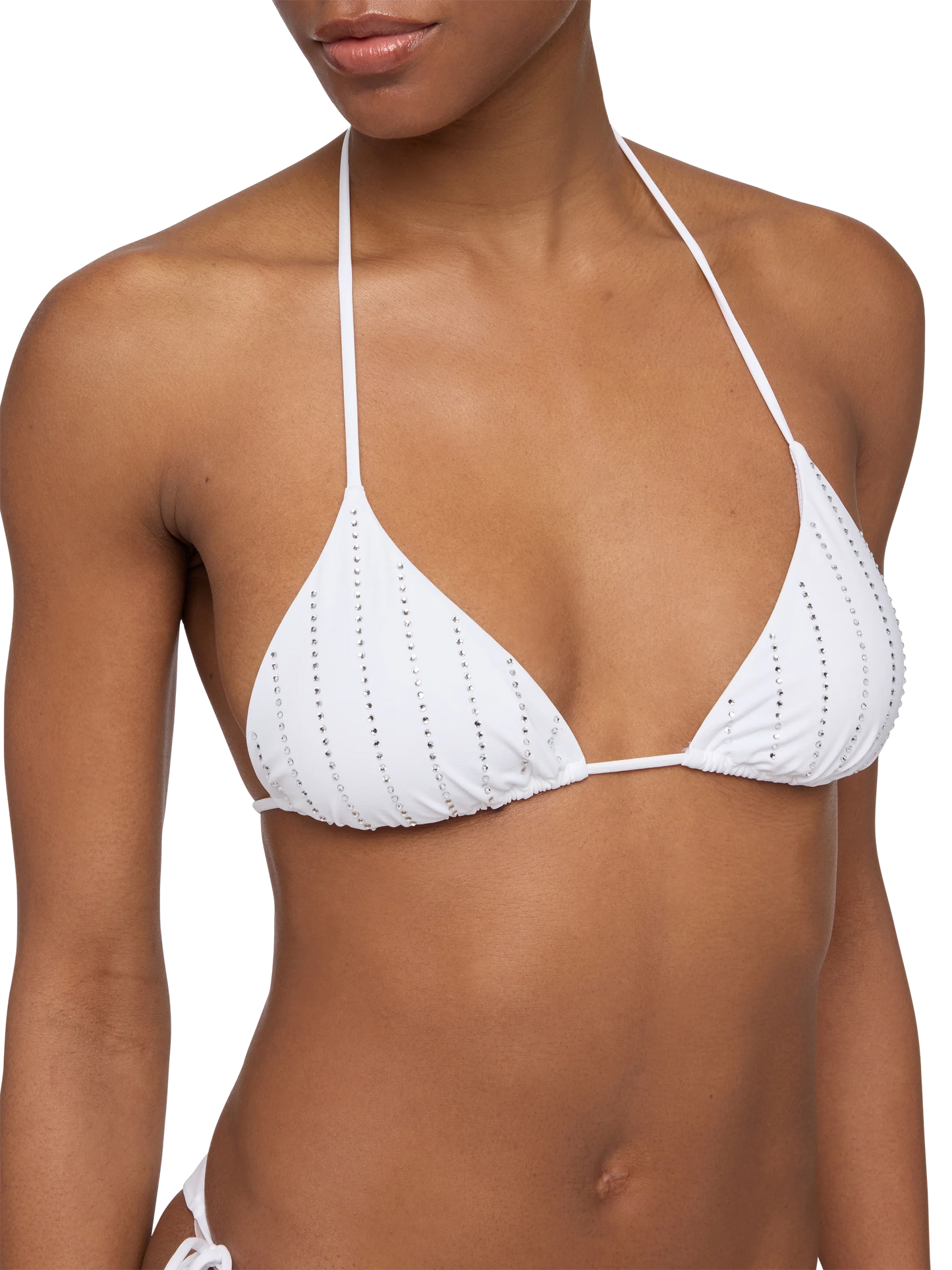 White classic triangle bikini Leah Marielle with striped rhinestone embellishment