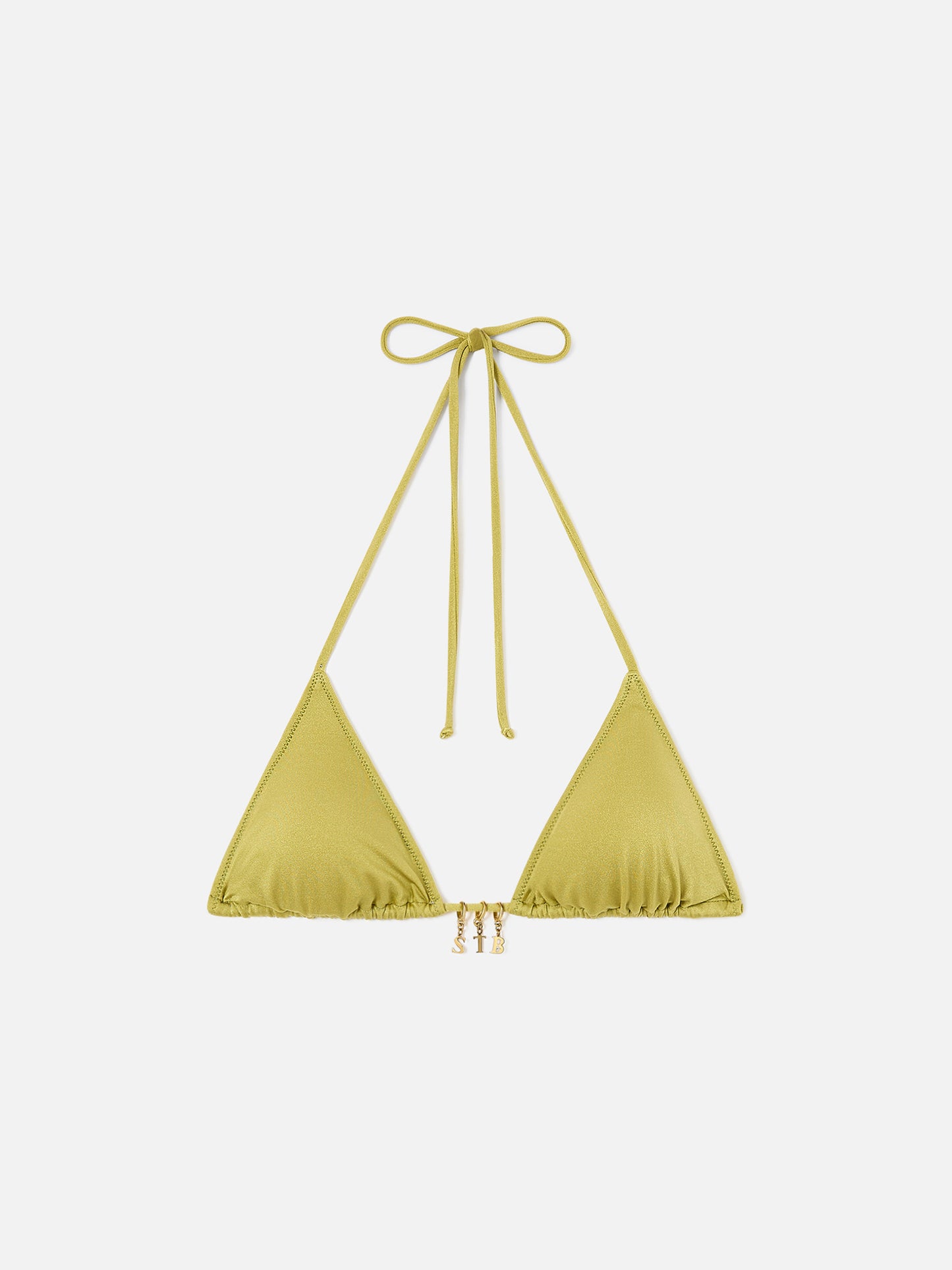 Top de bikini de triángulo Leah en tejido con acabado brillante color pistacho con charms 