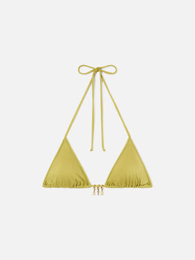 Top de bikini de triángulo Leah en tejido con acabado brillante color pistacho con charms 
