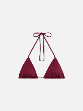 Leah Plate triangle bikini top in burgundy glossy finish fabric