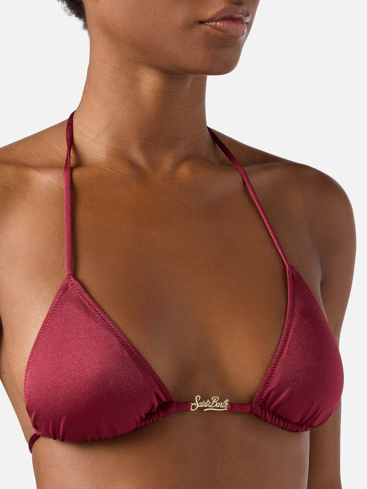 Leah Plate Triangel-Bikinioberteil aus bordeauxfarbenem Stoff in glänzender Optik 