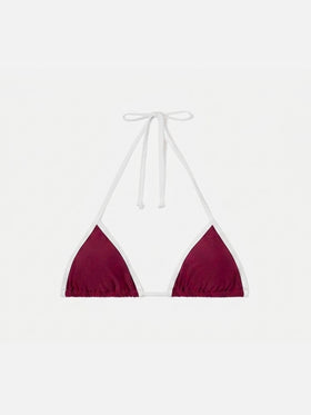 Top de bikini triangular con tiras Leah en burdeos con ribetes blancos 
