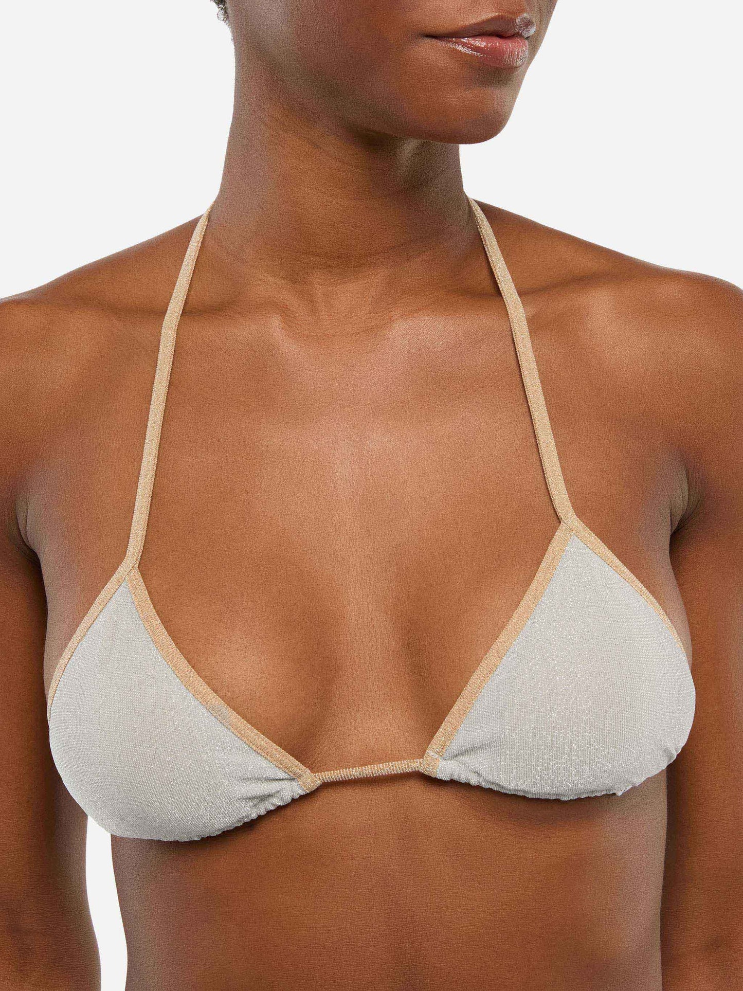 Leah top triangolo in lurex color argento con profilo oro - Marielle slip mare classico in lurex color argento con profilo oro