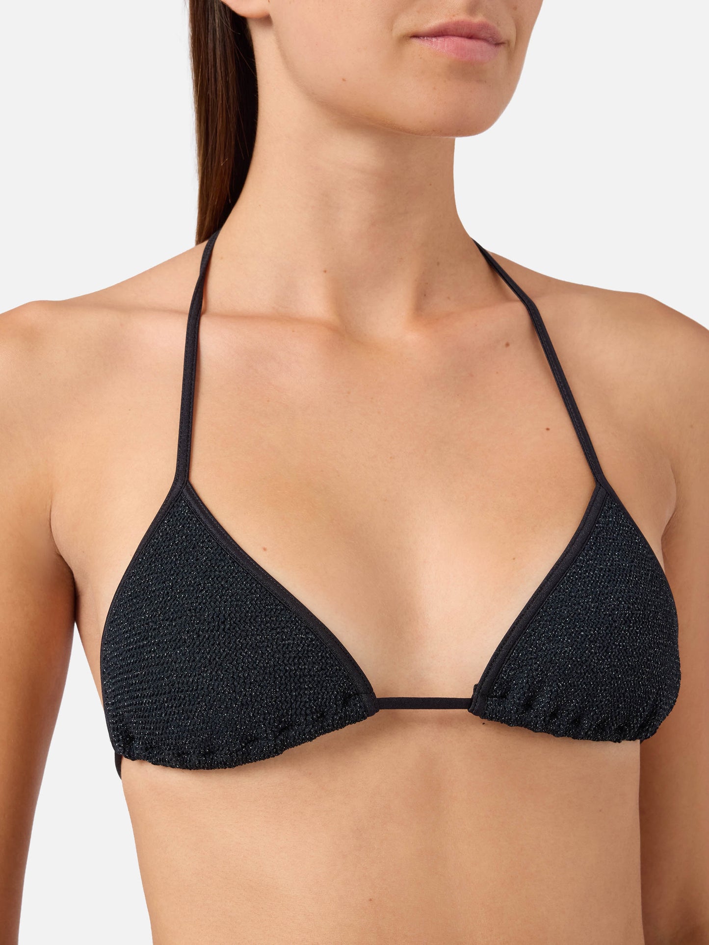 Bikini de triángulo Leah Marielle en tejido crinkle lurex negro 