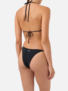 Bikini de triángulo Leah Marielle en tejido crinkle lurex negro 