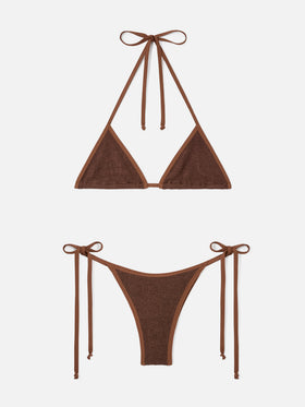 Bikini triangular Leah Norah de tejido crinkle marrón con ribetes 