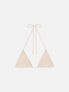Leah Overlock Triangel-Bikinioberteil aus goldenem Samt 