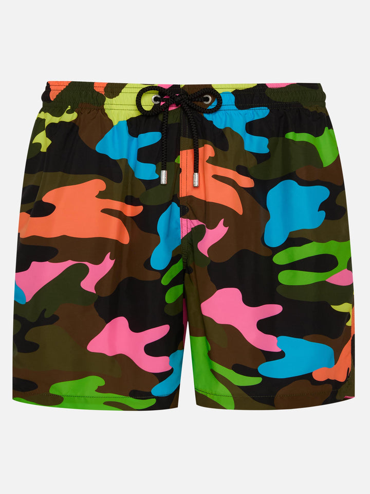 Man light fabric swim shorts with fluo camouflage print