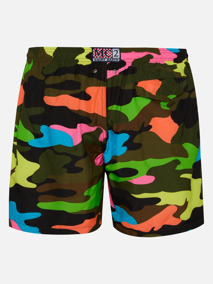 Man light fabric swim shorts with fluo camouflage print