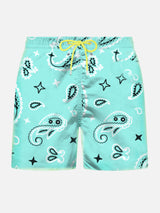 Man light fabric swim shorts with water green paisley print