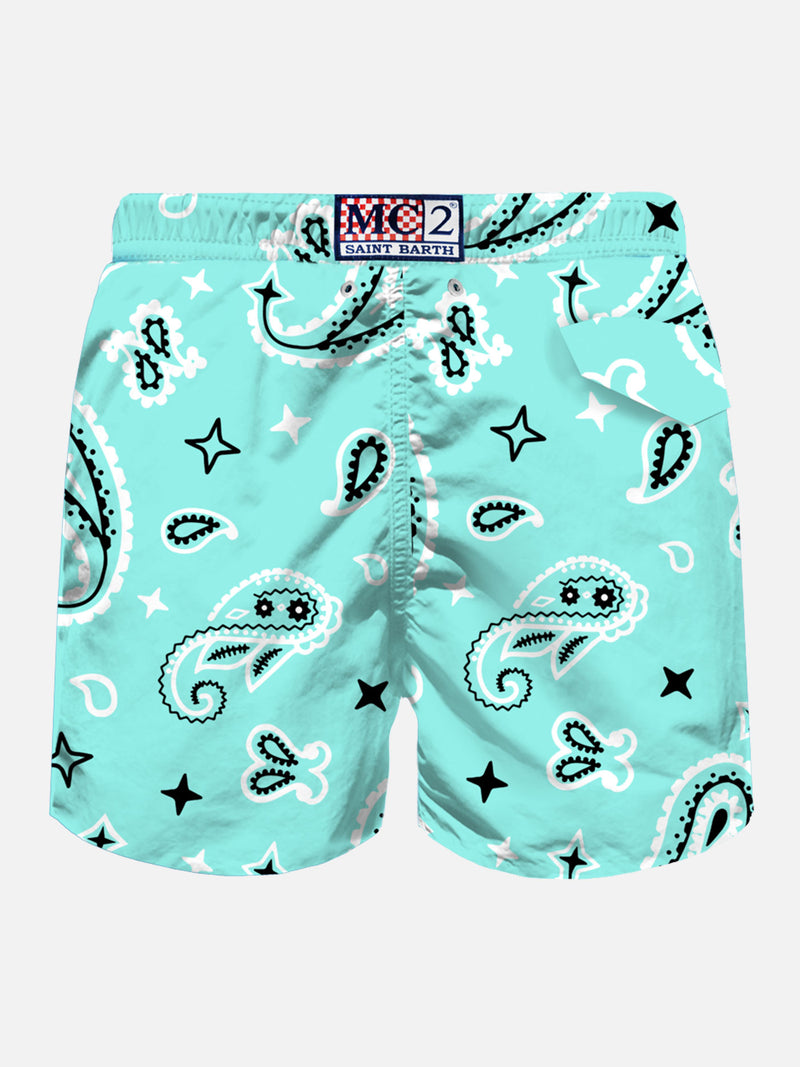 Man light fabric swim shorts with water green paisley print