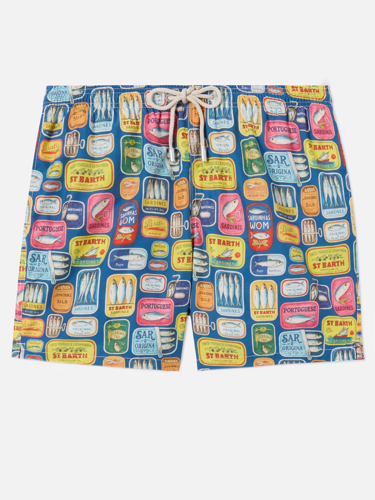 Blue Lighting swim shorts with all-over sardine tins print