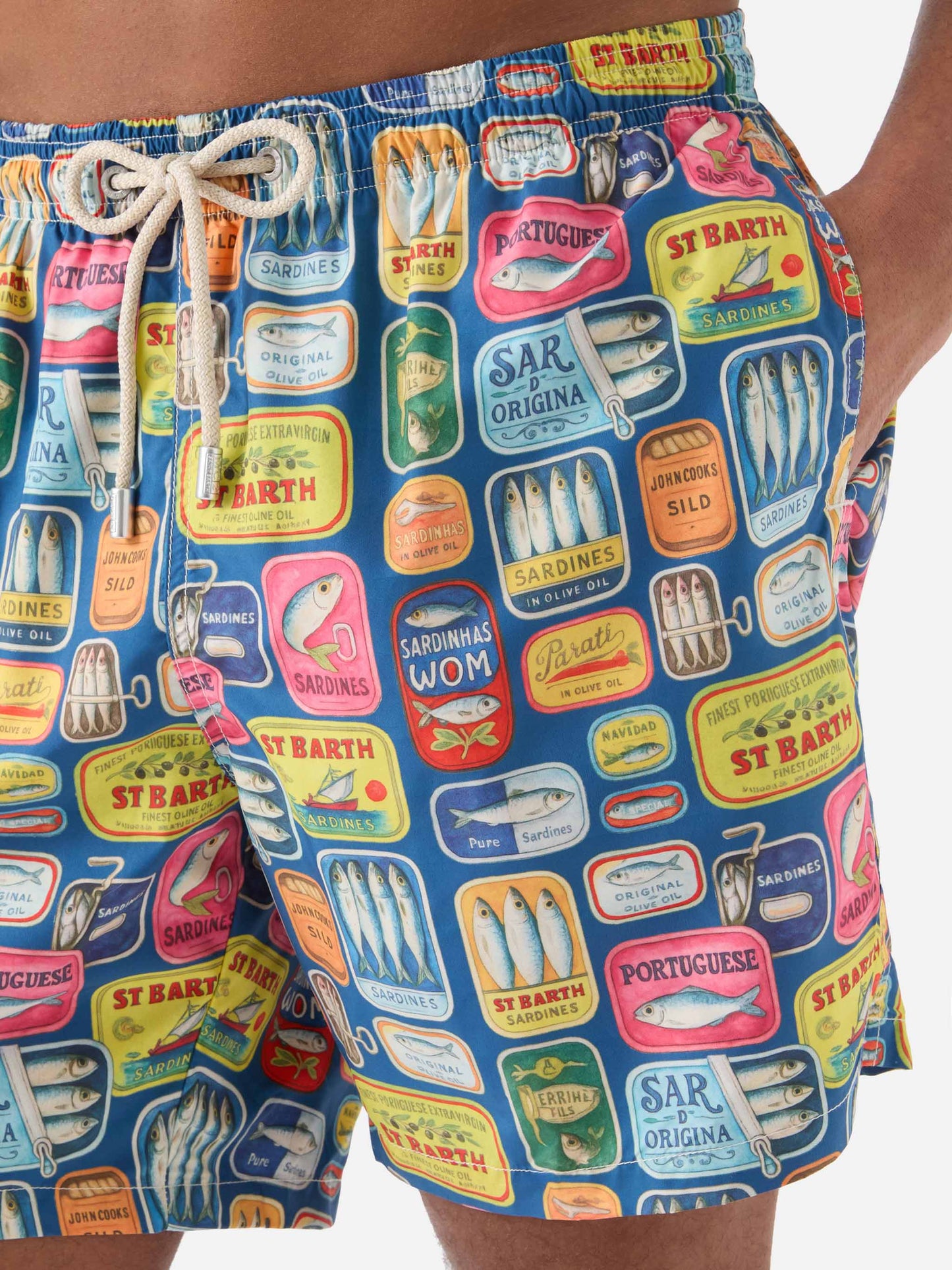 Blue Lighting swim shorts with all-over sardine tins print
