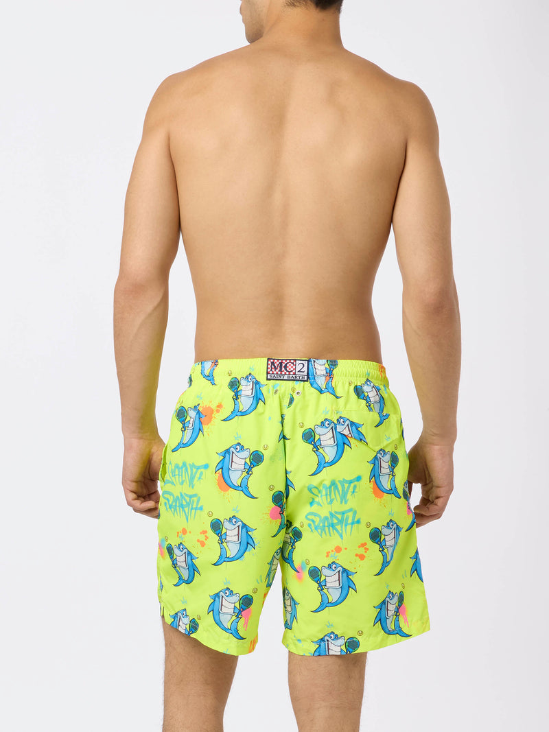 Man lightweight fabric swim-shorts Lighting with Cryptopuppets print | CRYPTOPUPPETS SPECIAL EDITION