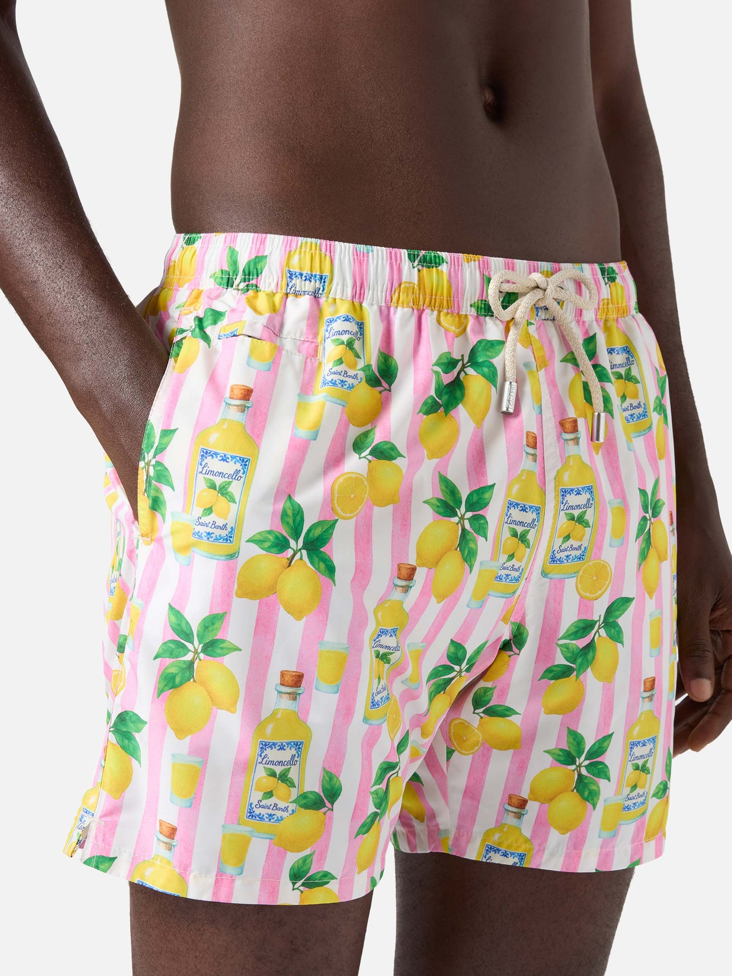Pink striped Lighting swim shorts with all-over limoncello print