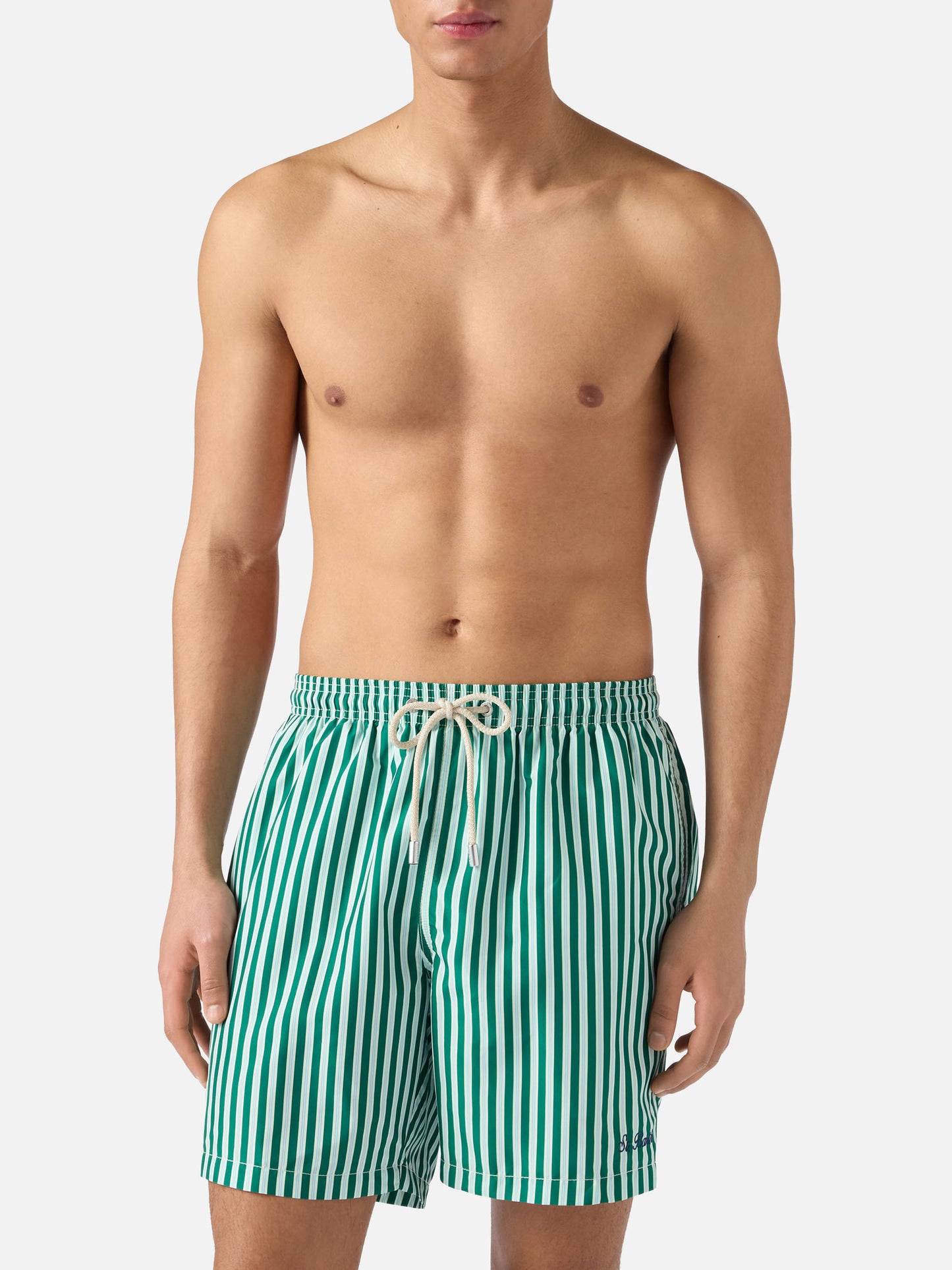 Green striped Lighting swim shorts with St. Barth embroidery