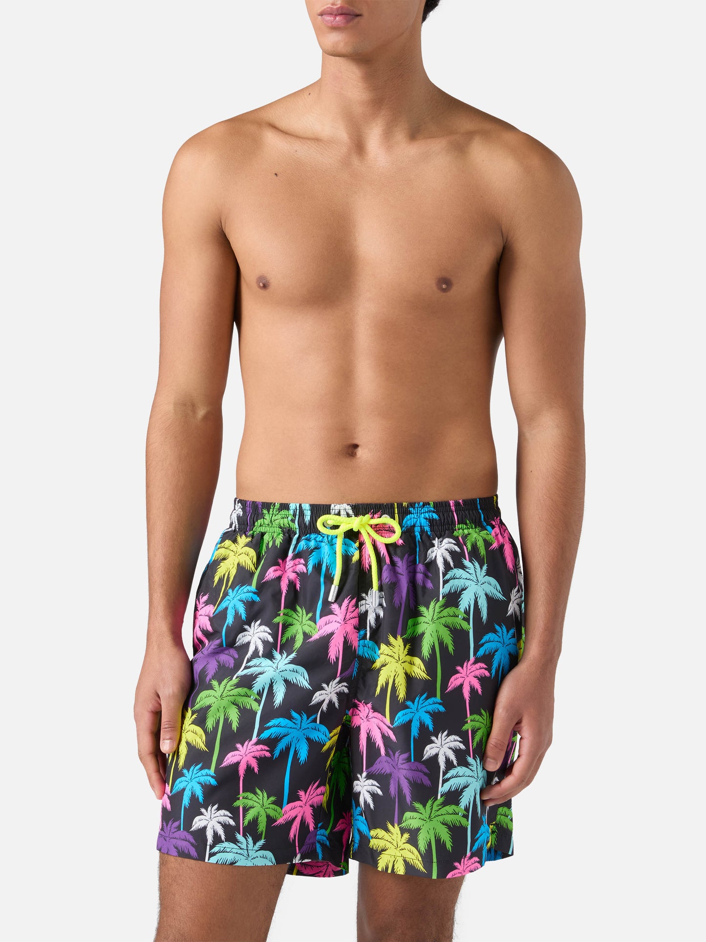 Lightweight fabric swim shorts Lighting with palm print