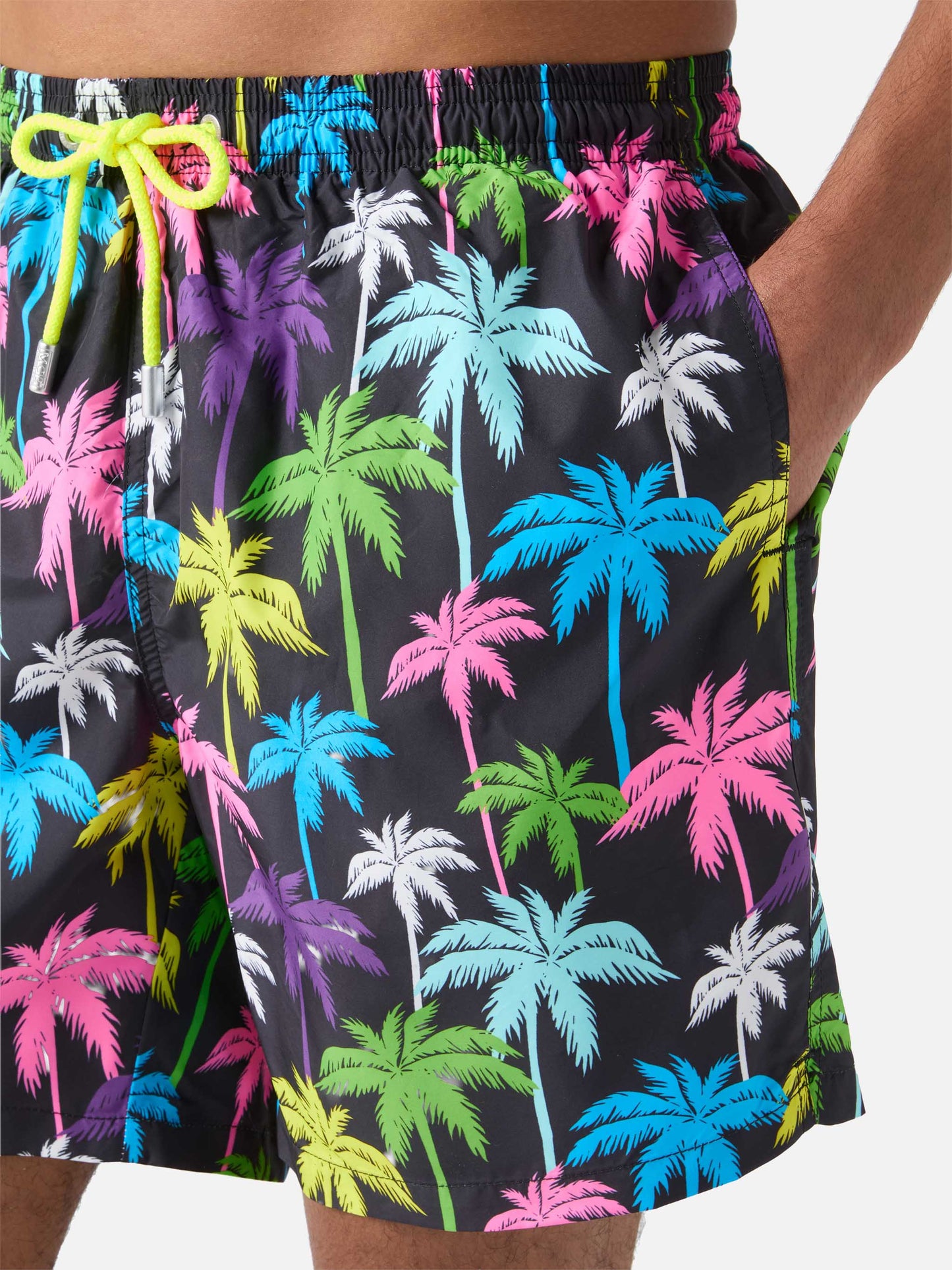 Lightweight fabric swim shorts Lighting with palm print