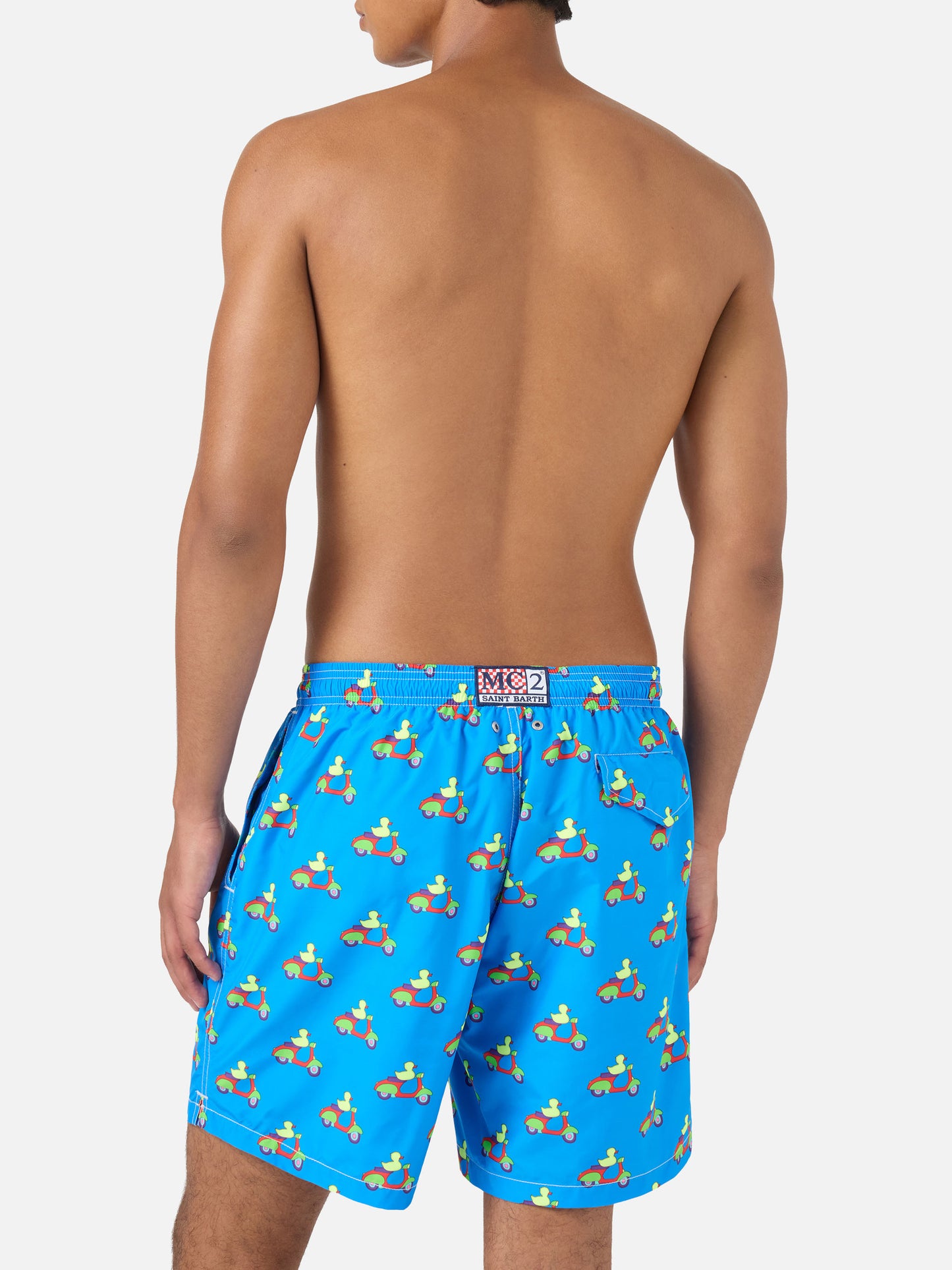 Blaue Badeshorts mit Enten-auf-Scootern-Print | Special Edition 