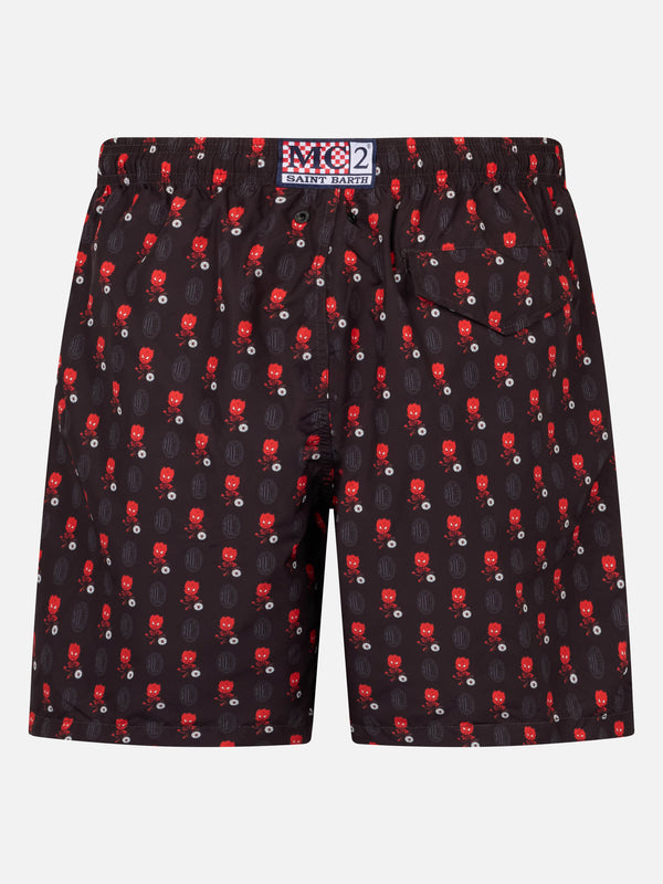 Man lightweight fabric swim shorts with Milan logo print and patch | AC MILAN SPECIAL EDITION