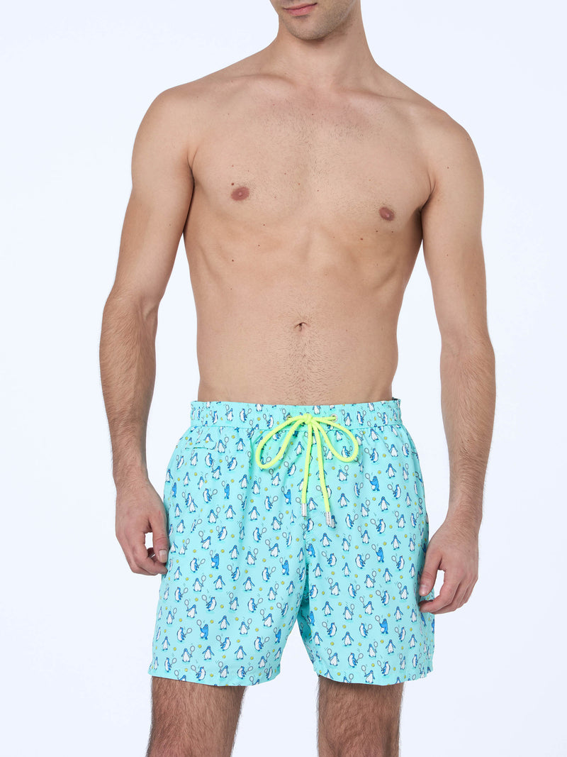 Man lightweight fabric swim-shorts Lighting Micro Fantasy with penguins print