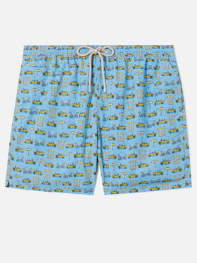 Light blue Lighting Micro swim shorts with road to Formentera all-over print