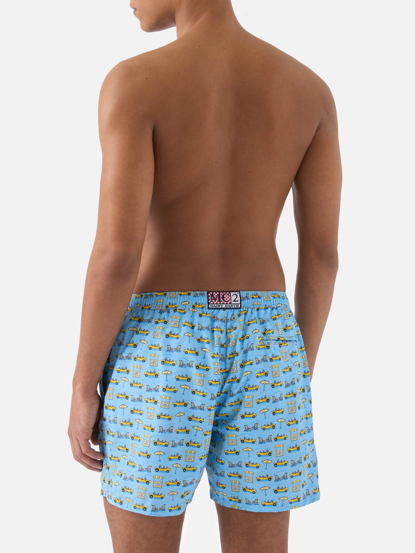 Light blue Lighting Micro swim shorts with road to Formentera all-over print