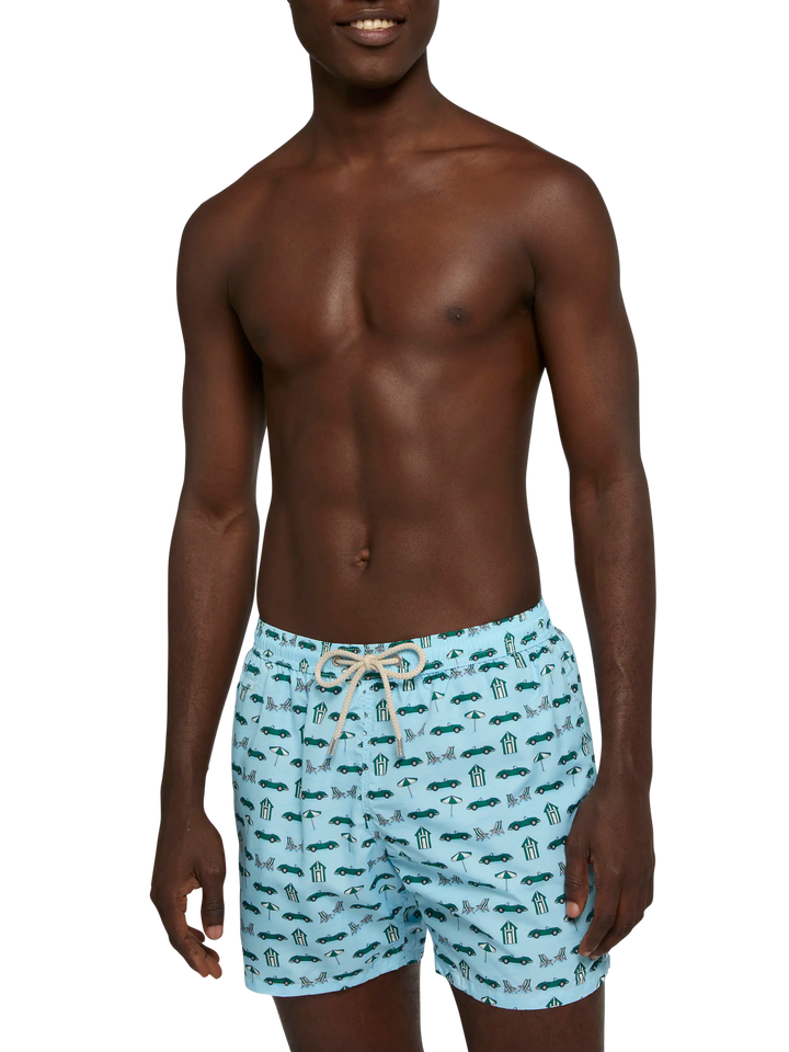 Lightweight fabric swim shorts Lighting with cars and beach cabana print - MC2 Saint Barth