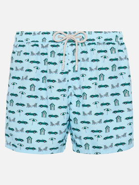 Badeshorts aus leichtem Stoff „Lighting“ mit Autos- und Strand-Cabana-Print