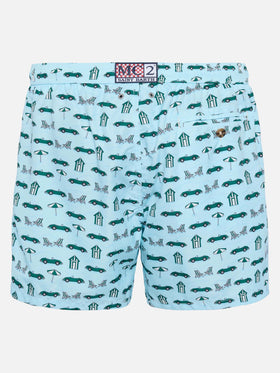 Badeshorts aus leichtem Stoff „Lighting“ mit Autos- und Strand-Cabana-Print