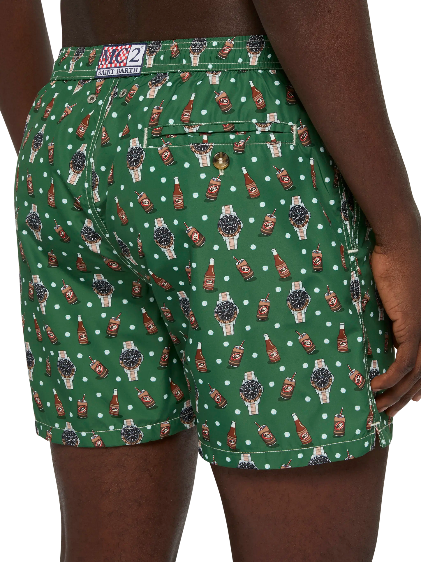 Lightweight fabric swim shorts Lighting with watch and beer print