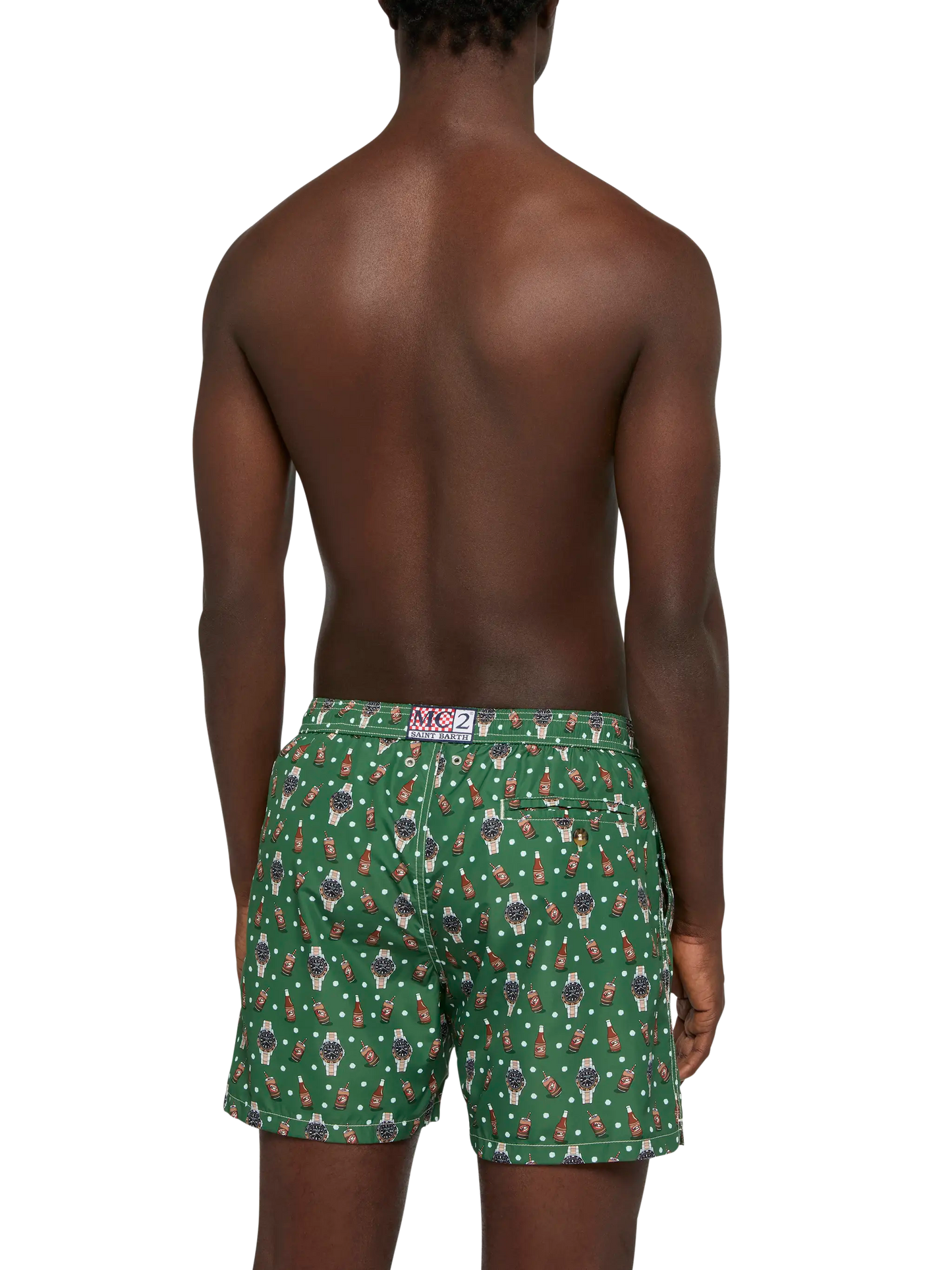 Lightweight fabric swim shorts Lighting with watch and beer print