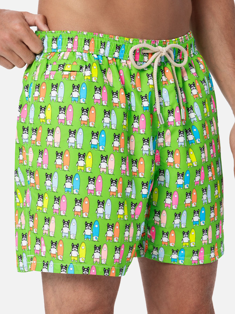 Man lightweight fabric swim-shorts Lighting Micro Fantasy with surfer dogs print