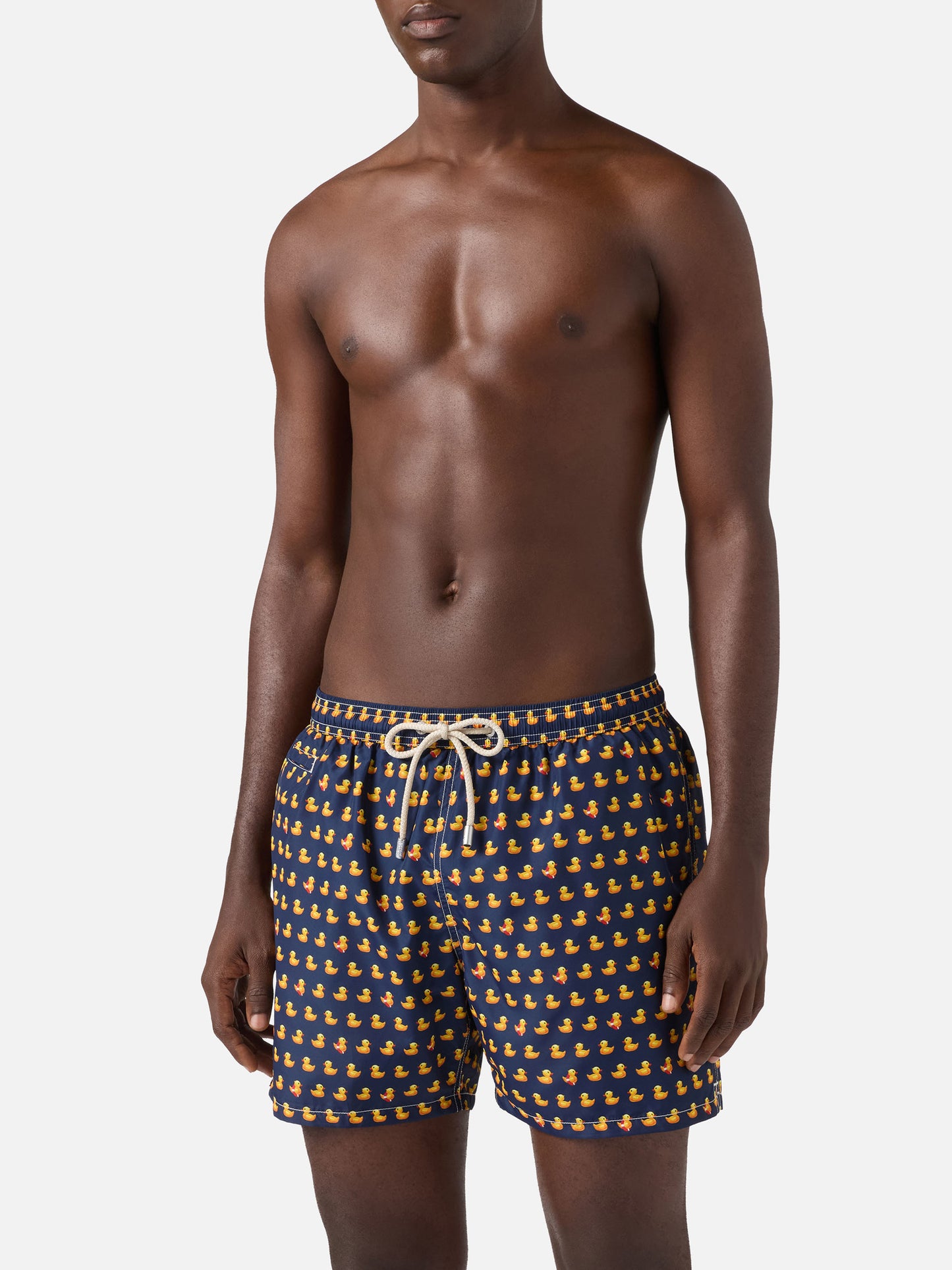Navy Lighting Micro swim shorts with rubber duck all-over print
