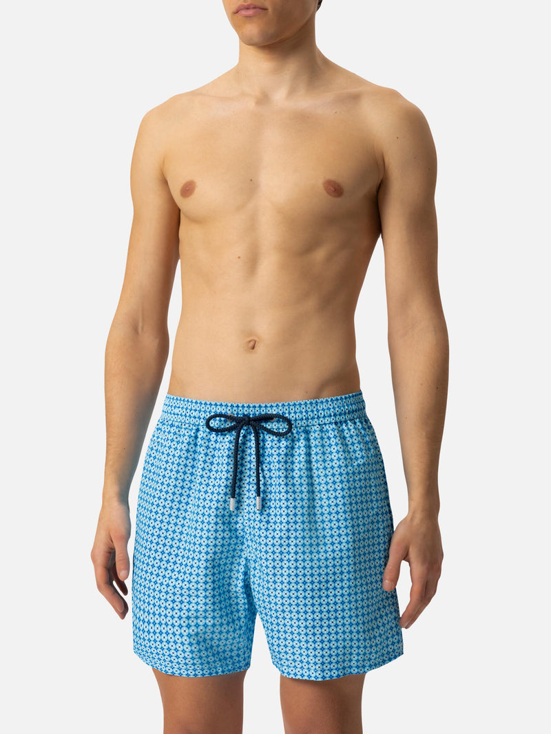 Lightweight fabric swim shorts Lighting with sporty geometric print