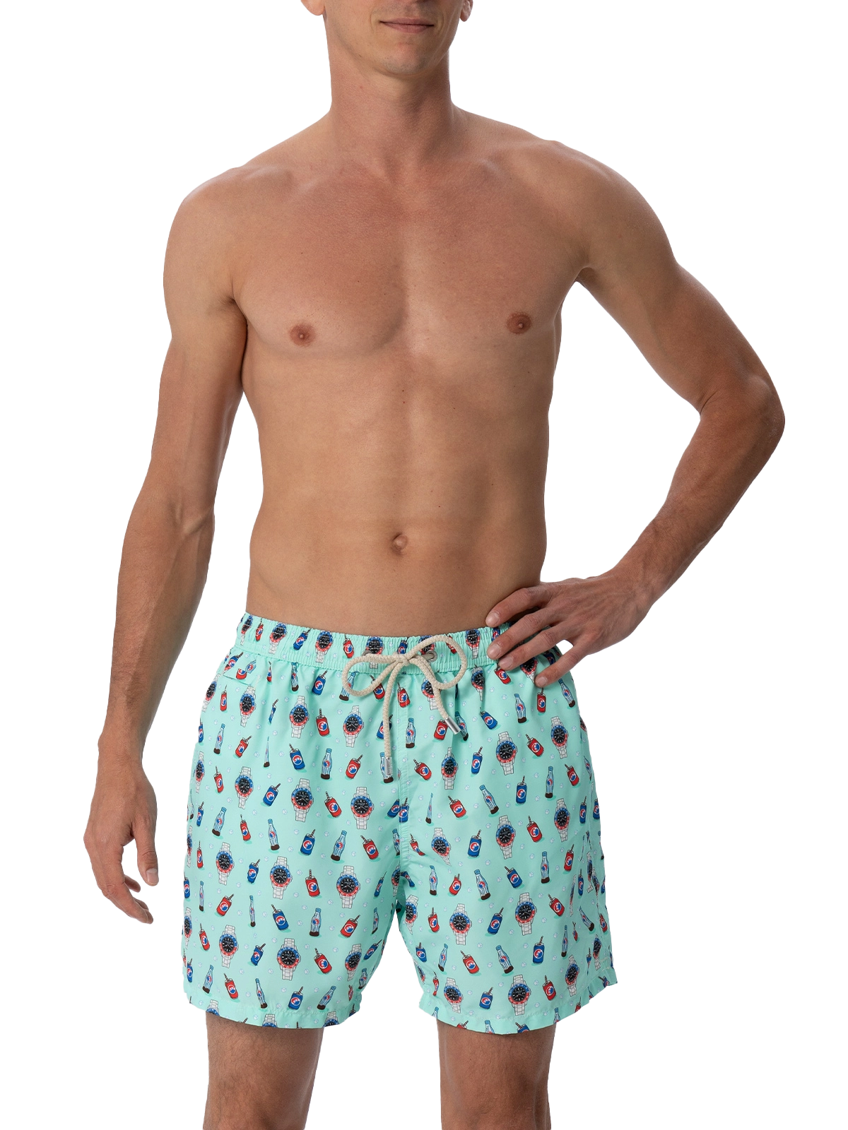 Herren-Badeshorts aus leichtem Stoff Lighting Micro Fantasy mit Uhren- und Getränkeaufdruck