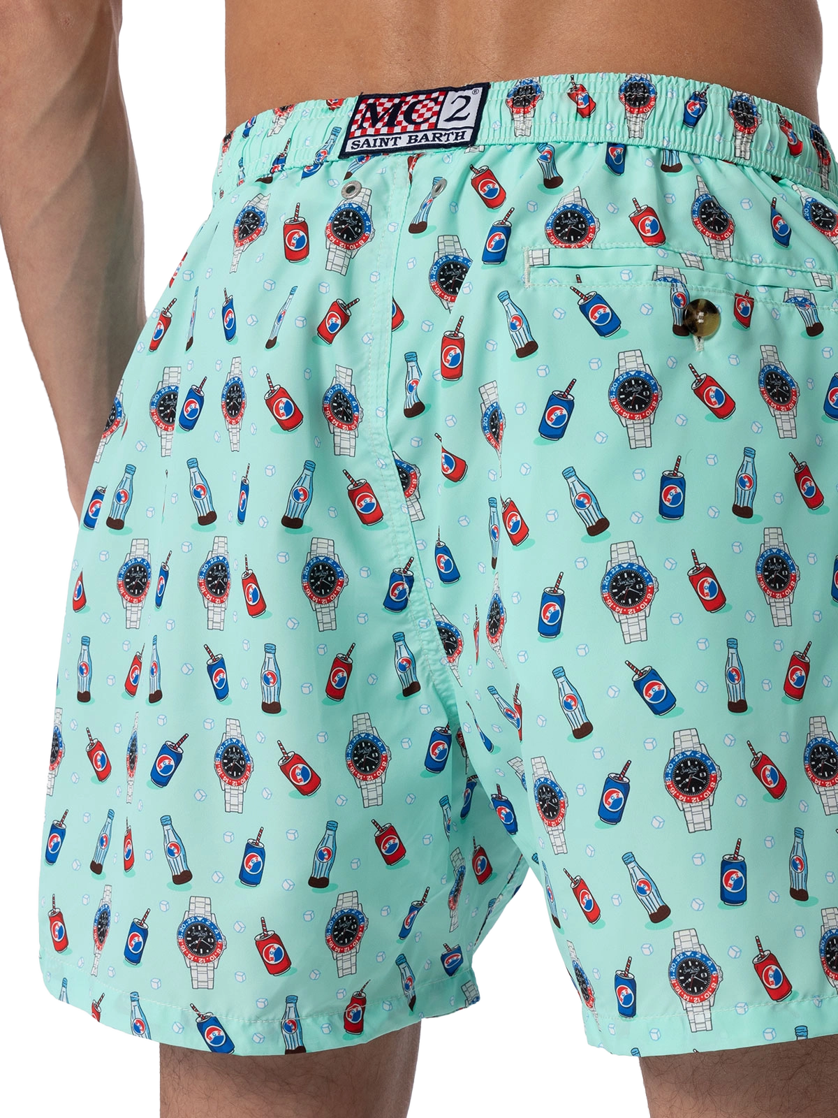 Herren-Badeshorts aus leichtem Stoff Lighting Micro Fantasy mit Uhren- und Getränkeaufdruck