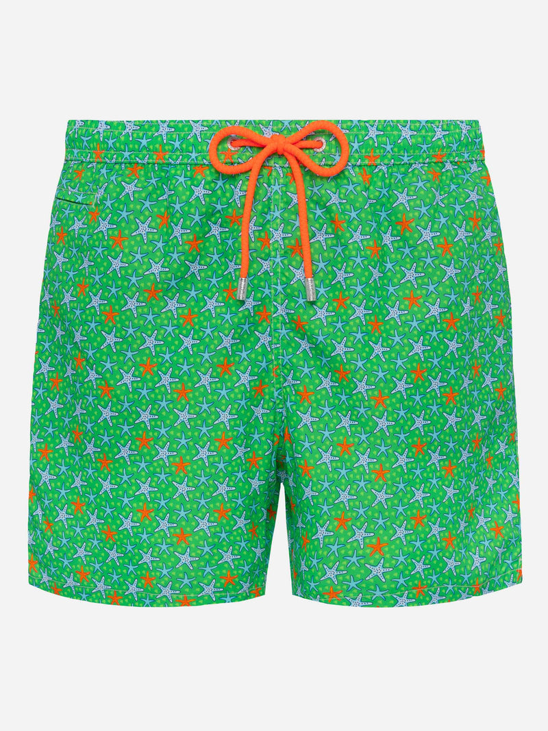 Man light fabric swim shorts with multicolor starfish print