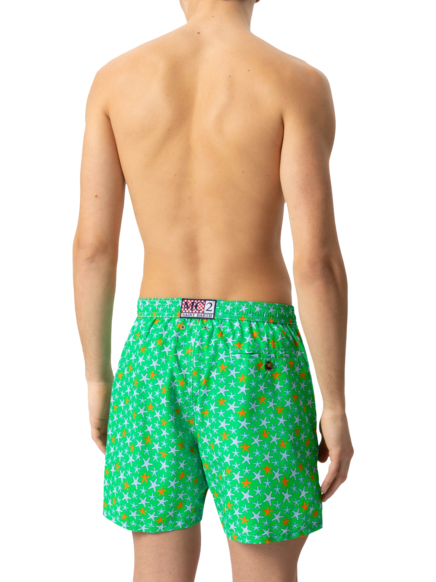 Herren-Badeshorts aus leichtem Stoff mit mehrfarbigem Seestern-Print