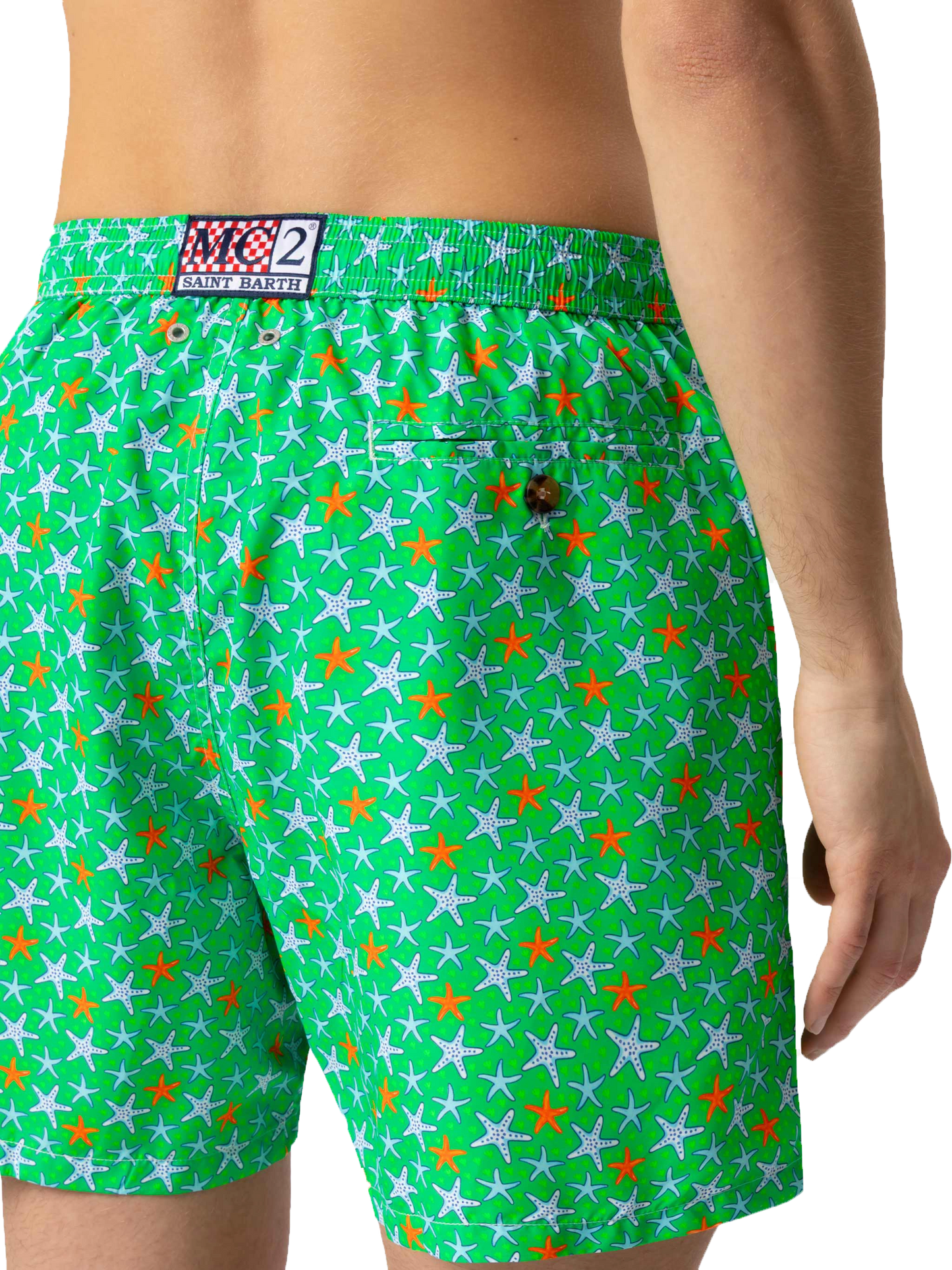 Herren-Badeshorts aus leichtem Stoff mit mehrfarbigem Seestern-Print