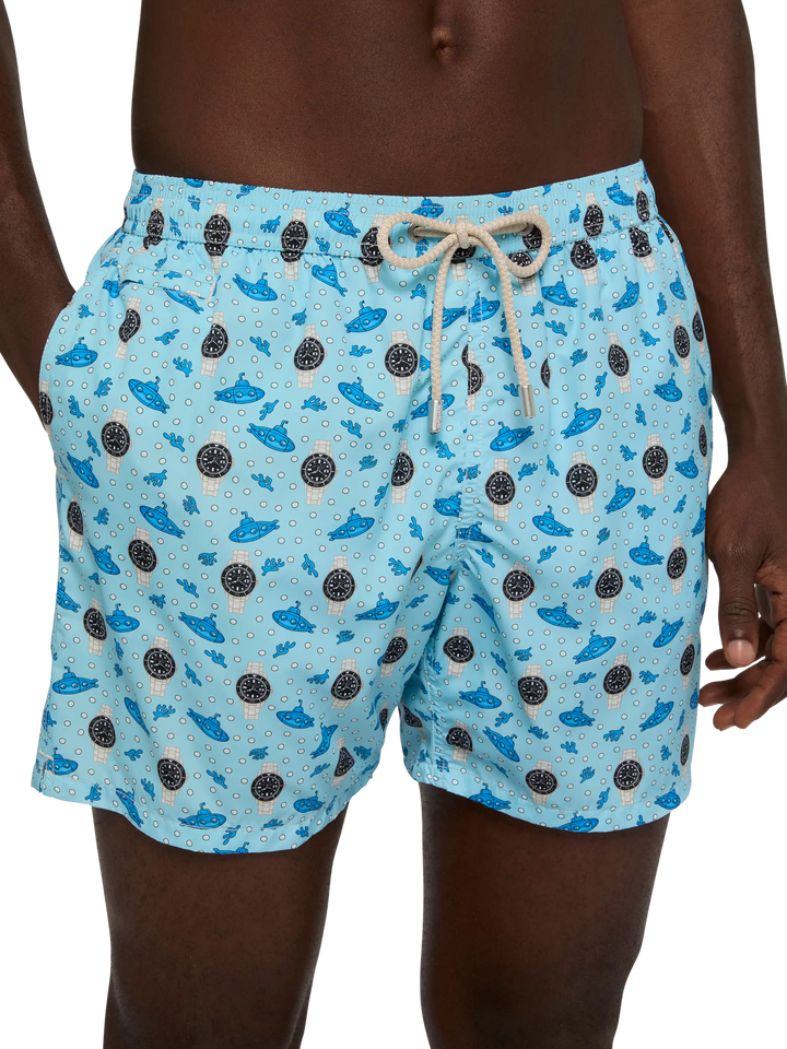 Badeshorts aus leichtem Stoff „Lighting“ mit Uhren-Print