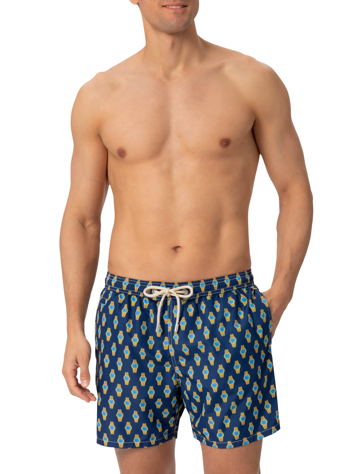 Lightweight fabric swim shorts Lighting with watch print