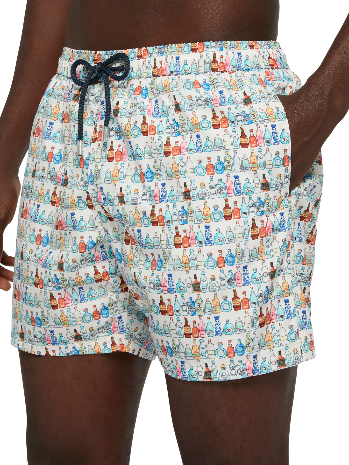 Lightweight fabric swim shorts Lighting with bottles print