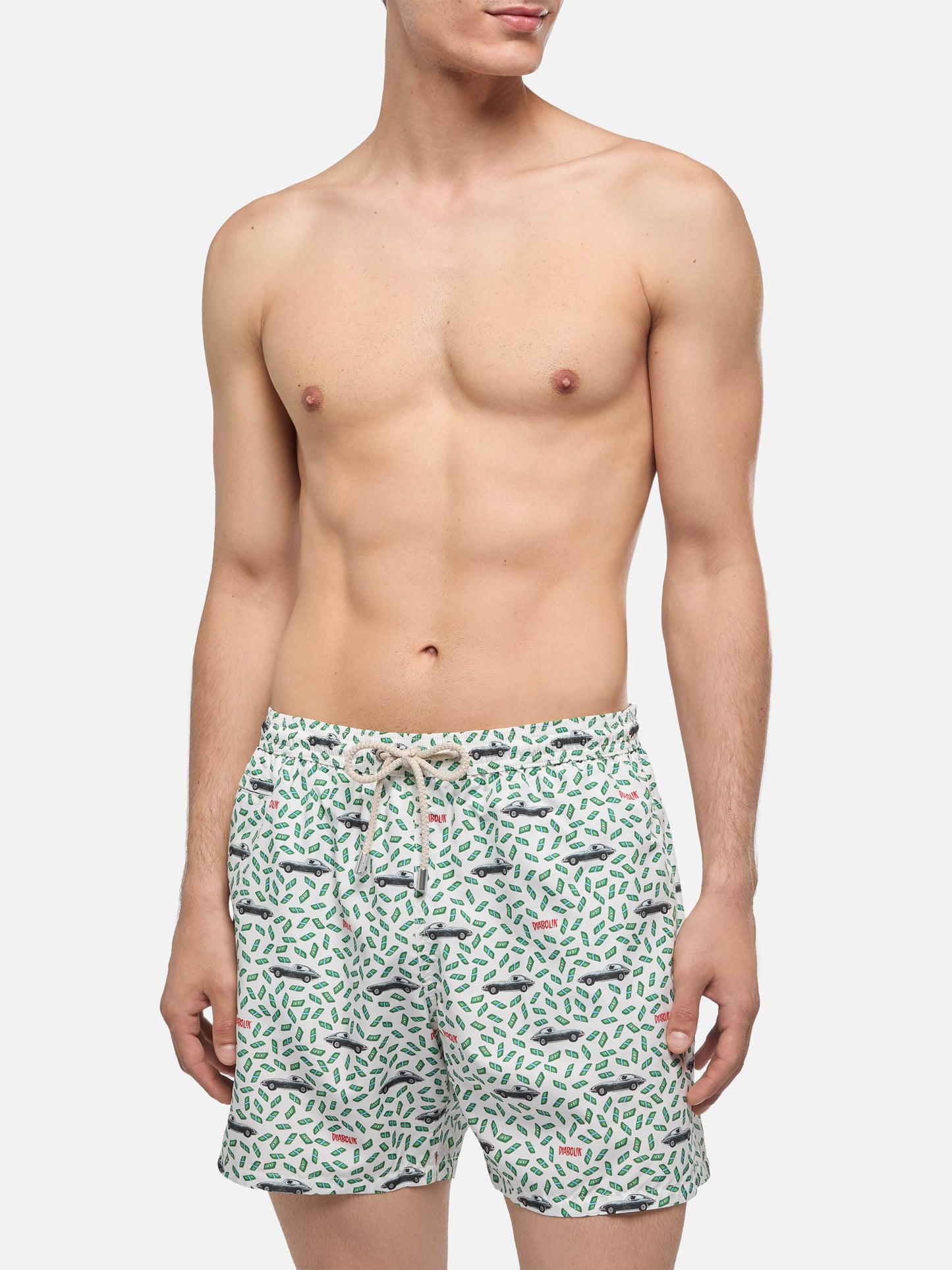 Man light fabric swim shorts with car and money print | DIABOLIK SPECIAL EDITION