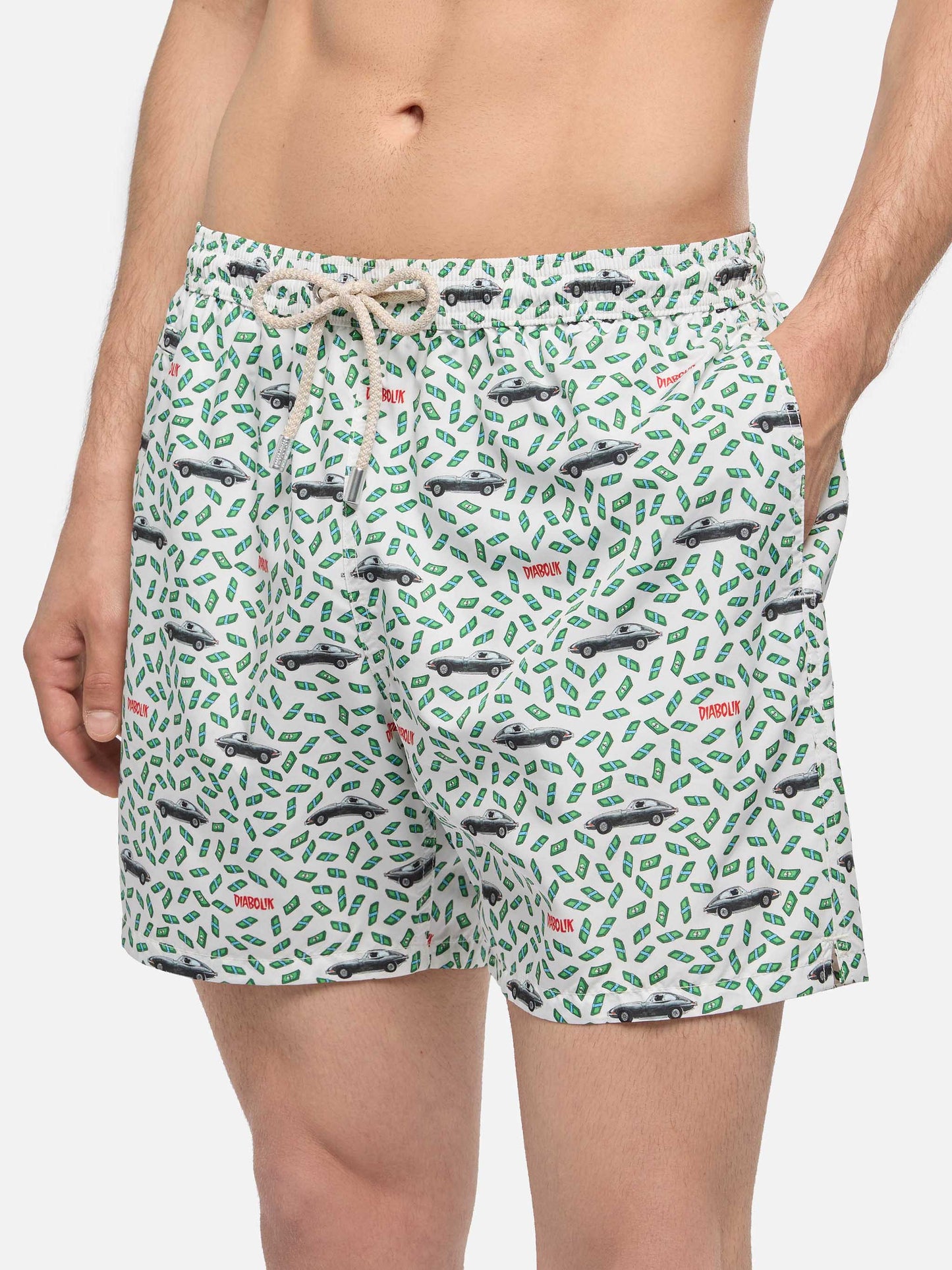 Man light fabric swim shorts with car and money print | DIABOLIK SPECIAL EDITION