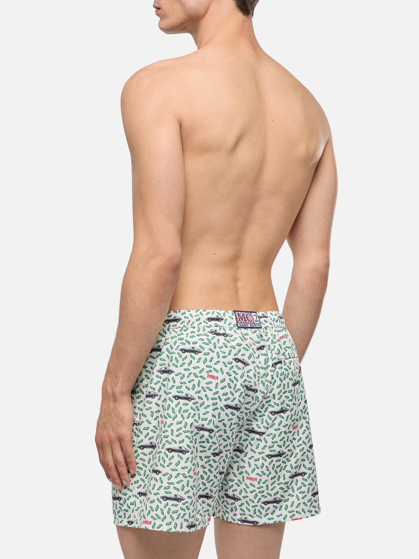 Man light fabric swim shorts with car and money print | DIABOLIK SPECIAL EDITION