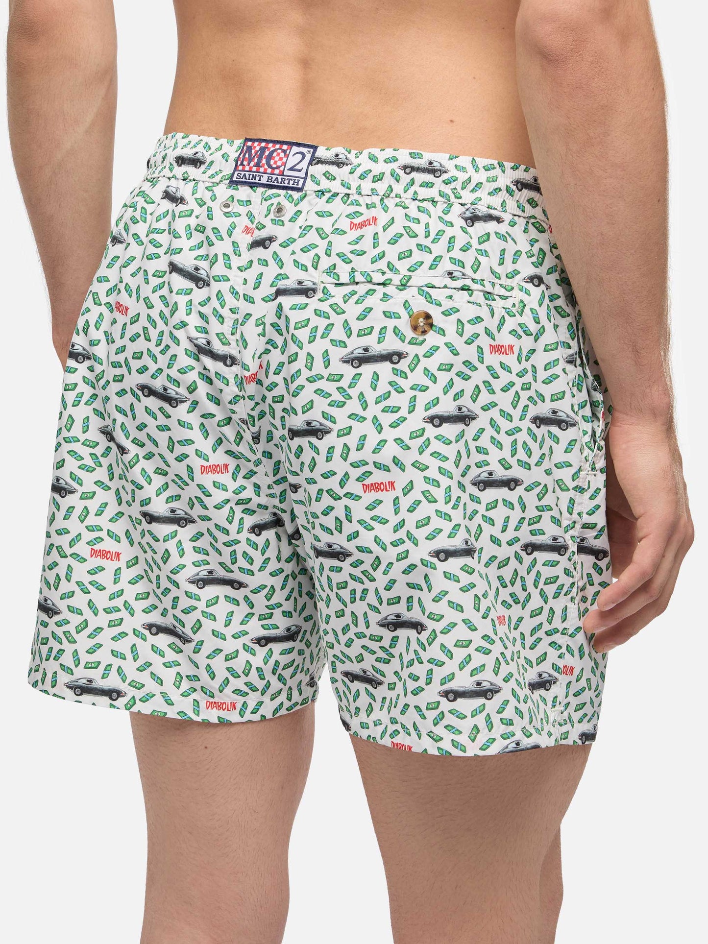 Man light fabric swim shorts with car and money print | DIABOLIK SPECIAL EDITION